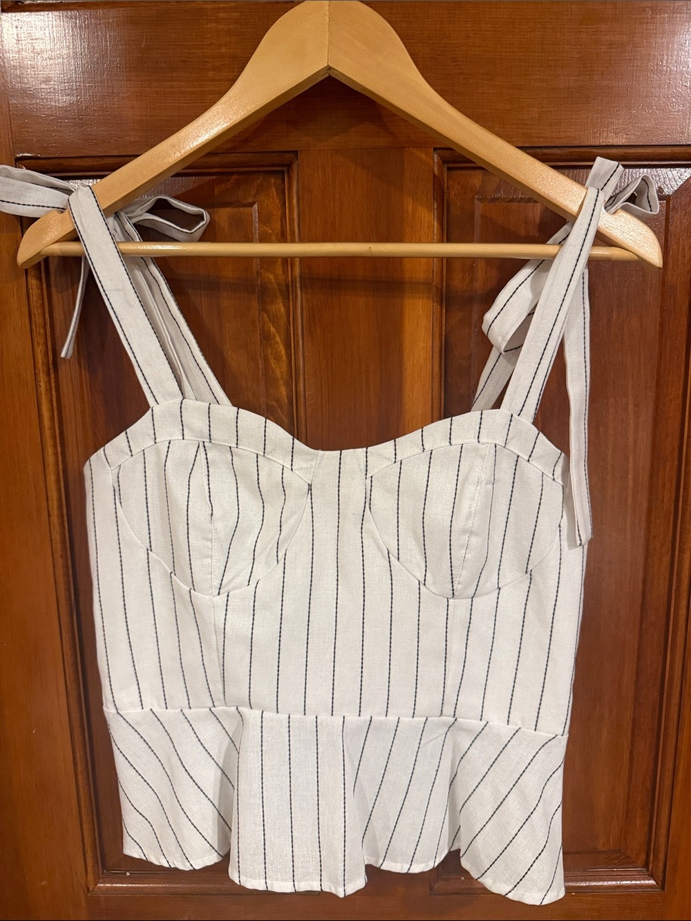 White Pinstripe Tie-Shoulder Peplum Bustier Top